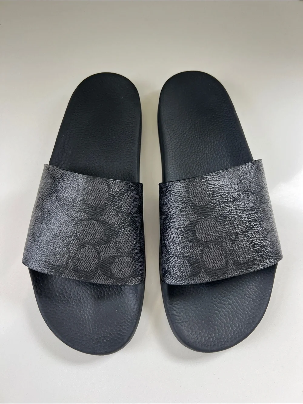 Coach signature charcoal grey black logo coated canvas open toe slides sandals